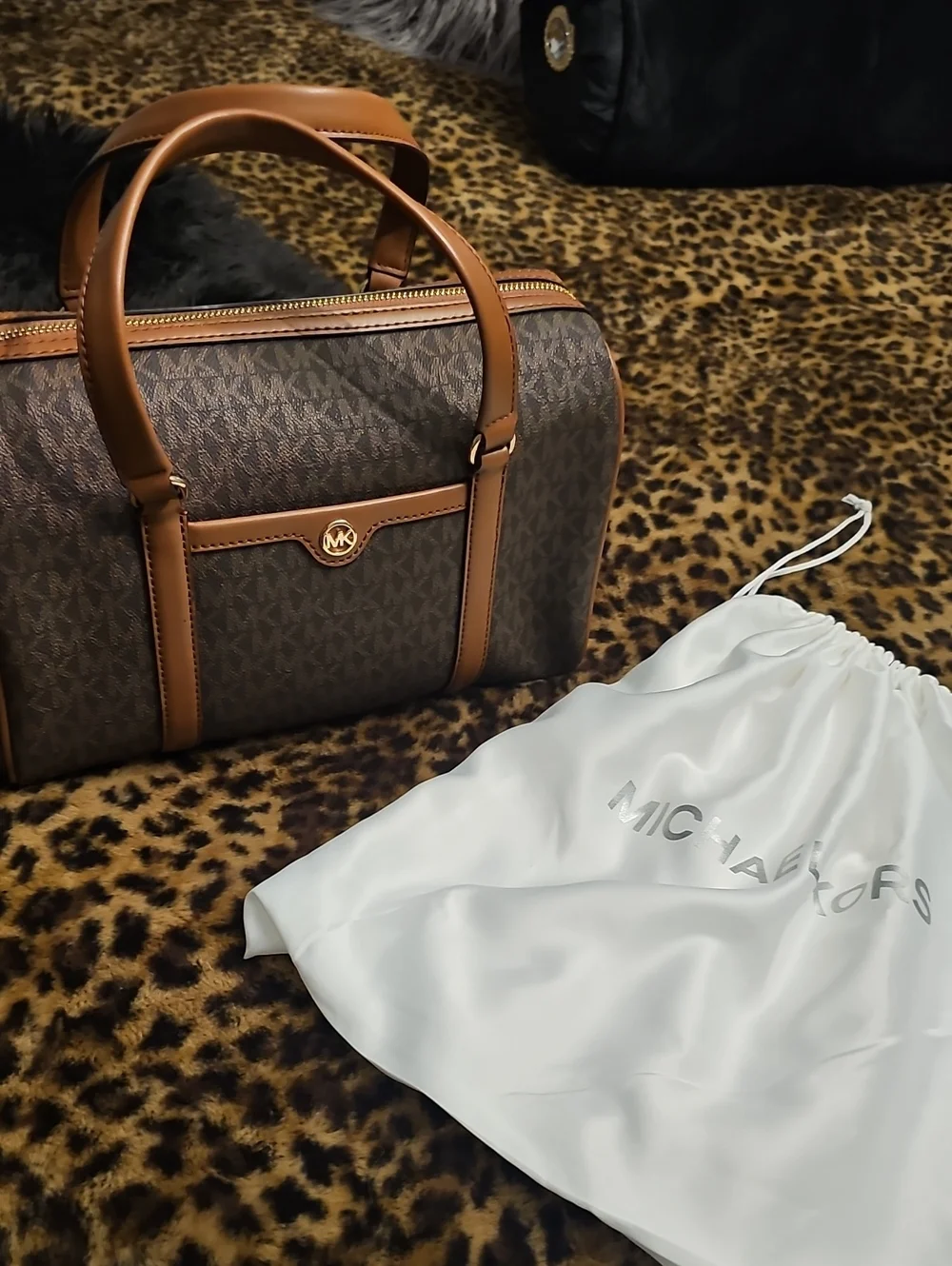 Michael Kors Brown MK Monogram Satchel with Tan Trim